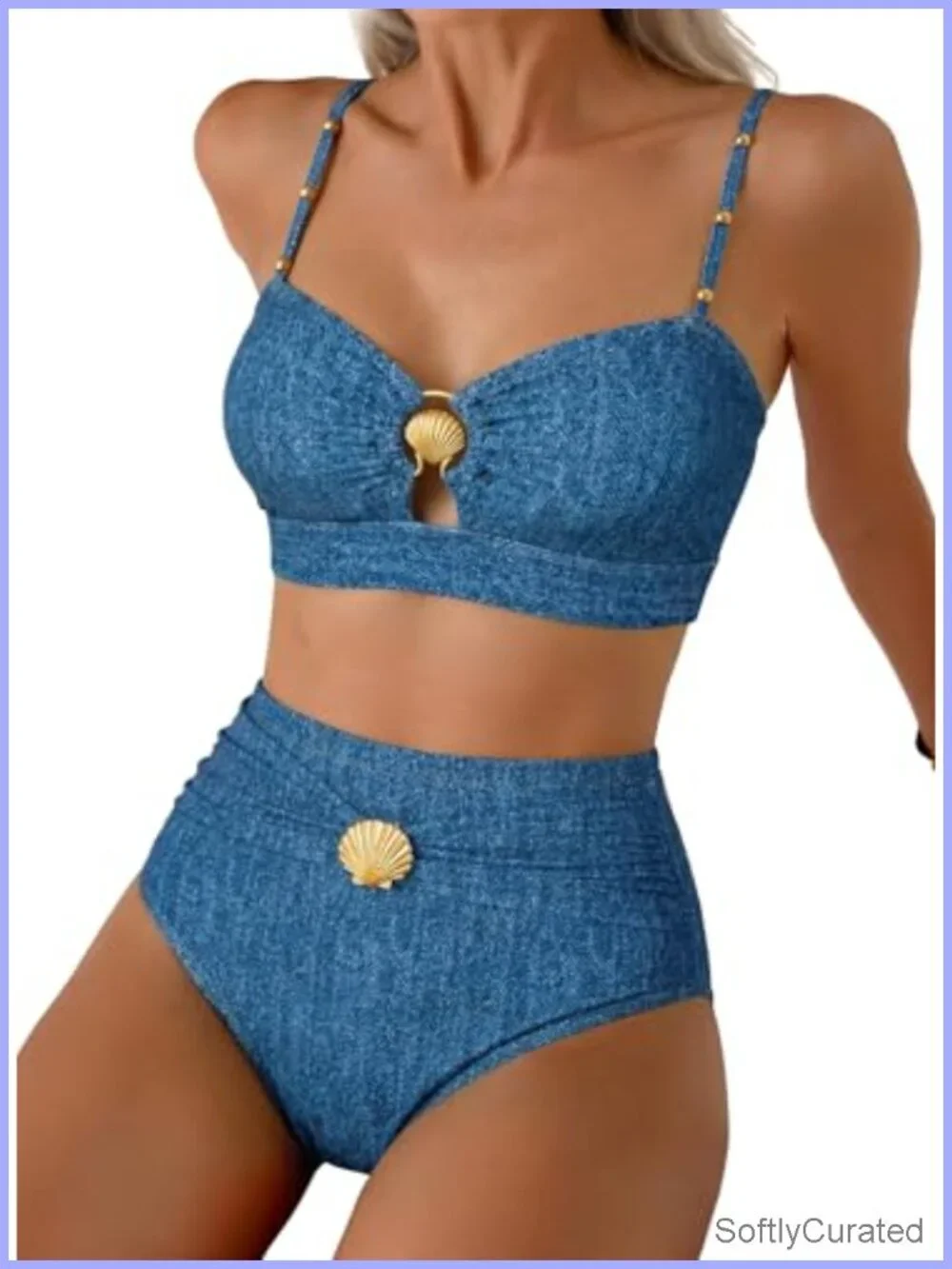 2 Piece Bikini Set High Waisted Cutout Push Up Ruched Seashell Ring Swimsuit
